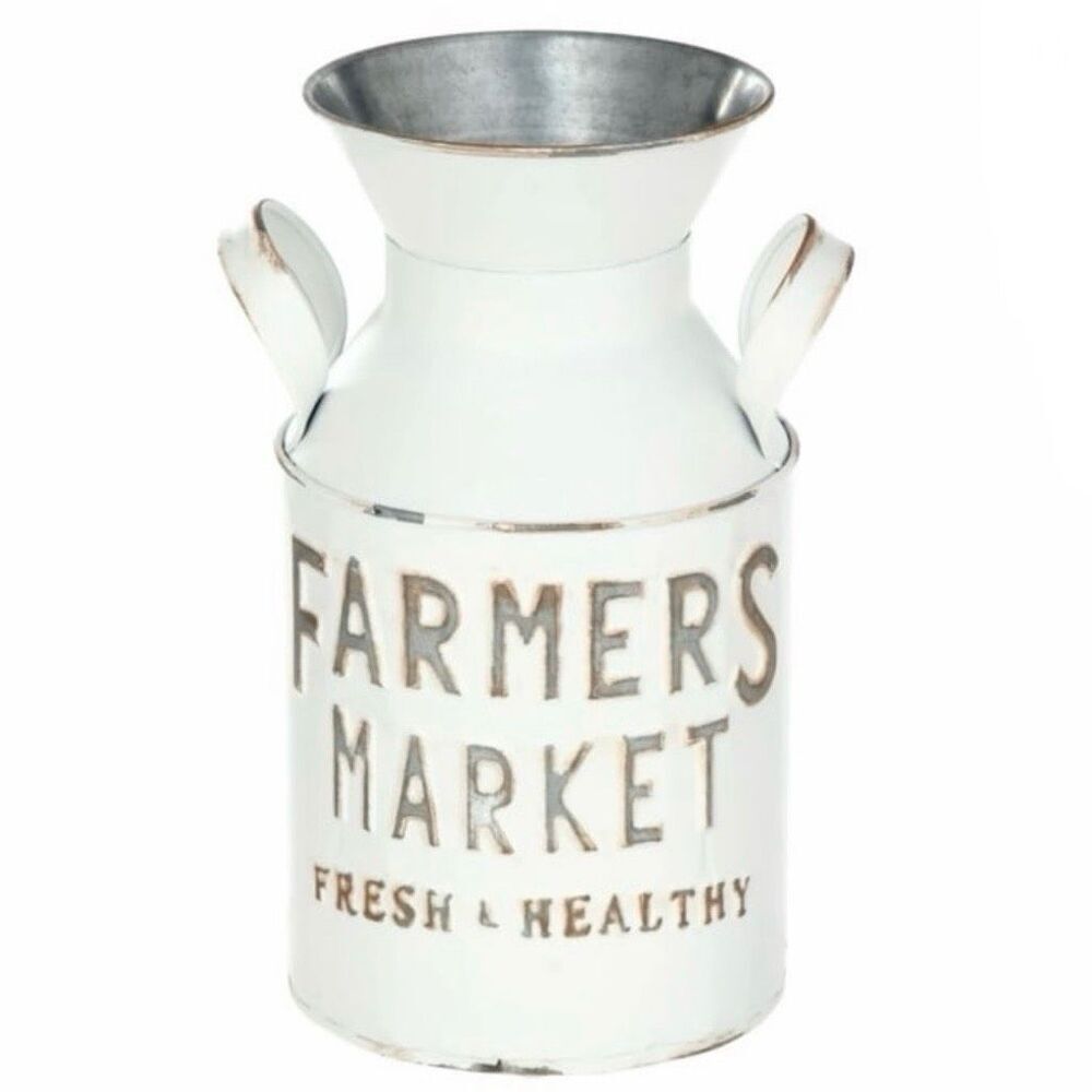 NWT Beautiful Farmers Market Metal Milk Jug vase Décor with Handles, White 10" H - Picture 15 of 15